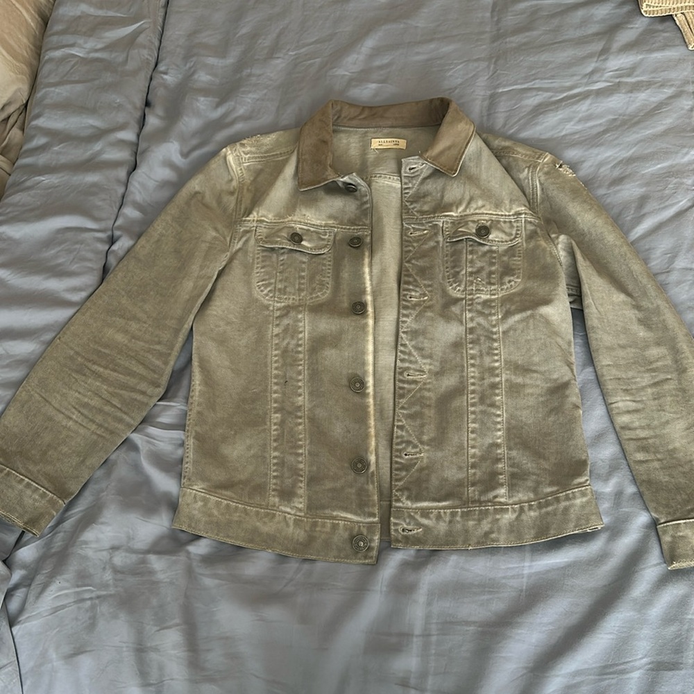 RARE All Saints Gray Denim Jacket Suede Collar large
